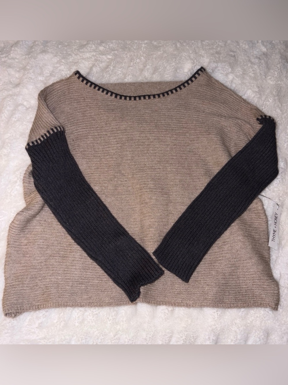 Two-Tone Crewneck Sweater in Taupe with Black Sleeves